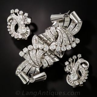 Art Deco Platinum and Diamond Clip Brooch and Earring Set