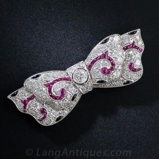 Art Deco Platinum and Diamond, Ruby and Onyx Bow Brooch