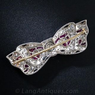 Art Deco Platinum and Diamond, Ruby and Onyx Bow Brooch