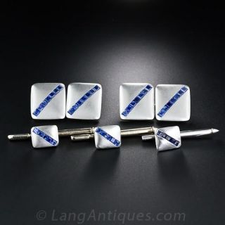 Art Deco Platinum and Sapphire Cuff Links and Stud Set