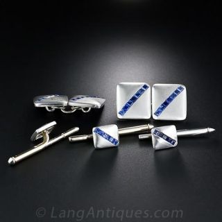 Art Deco Platinum and Sapphire Cuff Links and Stud Set
