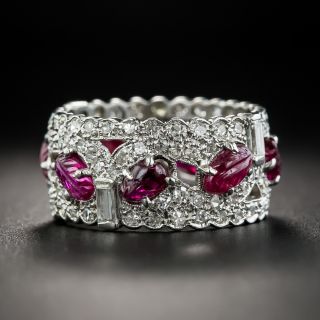 Art Deco Platinum Carved Ruby and Diamond Eternity Band -  Size 6 1/2