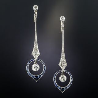 Art Deco Platinum Diamond and Calibre Sapphire Long Drop Earrings