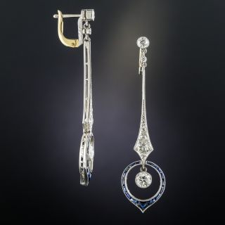 Art Deco Platinum Diamond and Calibre Sapphire Long Drop Earrings