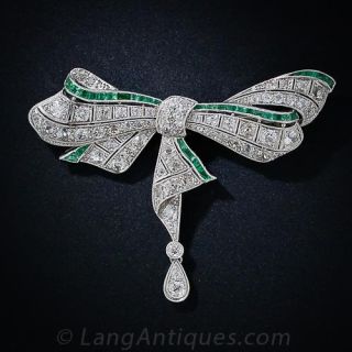 Art Deco Platinum, Diamond and Emerald Bow Brooch