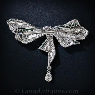 Art Deco Platinum, Diamond and Emerald Bow Brooch