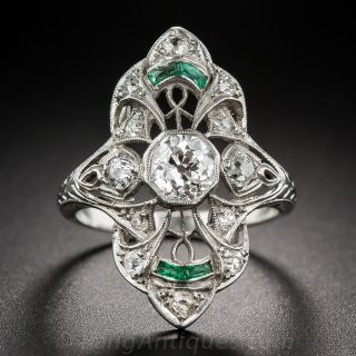 Art Deco Platinum Diamond and Emerald Dinner Ring