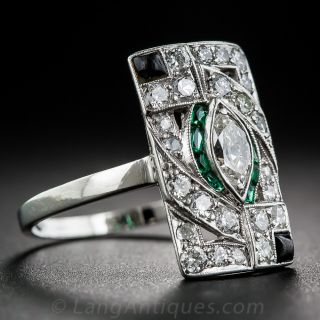 Art Deco Platinum Diamond and Emerald-Green Glass with Onyx Dinner Ring