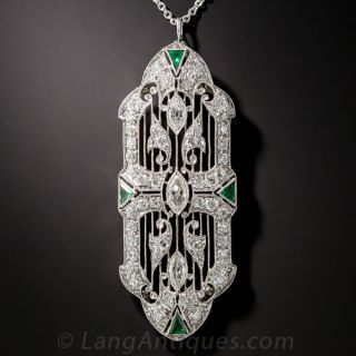 Art Deco Platinum, Diamond and Emerald Pendant