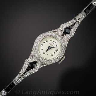 Art Deco Platinum, Diamond and Onyx Bracelet Watch 