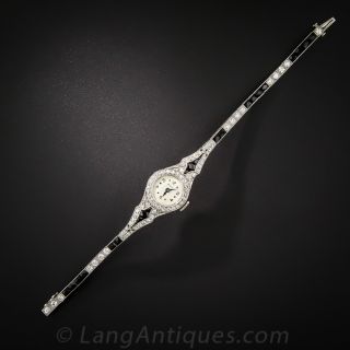 Art Deco Platinum, Diamond and Onyx Bracelet Watch 