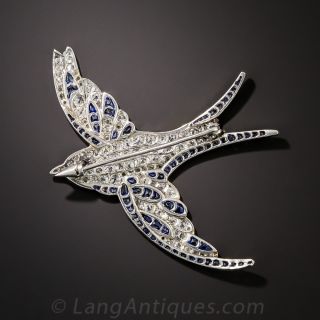Art Deco Platinum Diamond and Sapphire Bird Pin