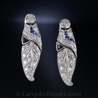 Art Deco Platinum Diamond and Sapphire Earrings