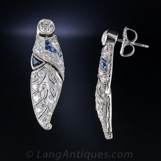 Art Deco Platinum Diamond and Sapphire Earrings