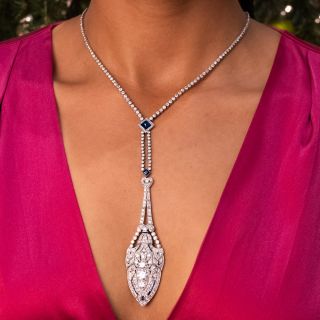Art Deco Platinum Diamond and Sapphire Lavaliere Necklace