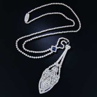 Art Deco Platinum Diamond and Sapphire Lavaliere Necklace - 12