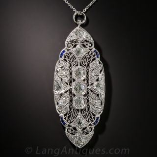Art Deco Platinum, Diamond and Sapphire Pendant Necklace
