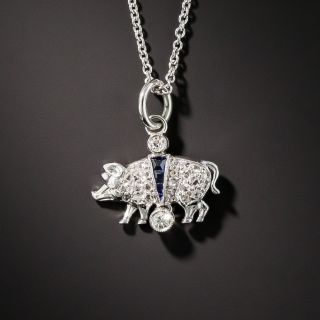 Art Deco Platinum Diamond and Sapphire Pig Charm Pendant