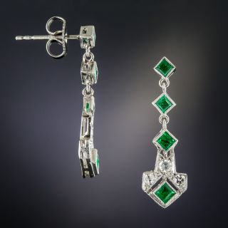 Art Deco Platinum Diamond  Calibre Emerald Dangle Earrings