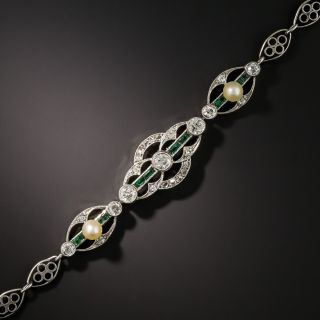 Art Deco Platinum Diamond Emerald and Natural Pearl Bracelet - 3