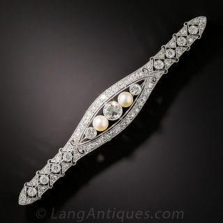 Art Deco Platinum Diamond Natural Pearl Bar Brooch