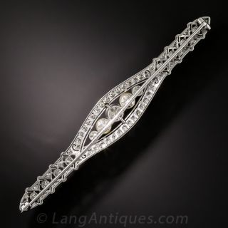 Art Deco Platinum Diamond Natural Pearl Bar Brooch