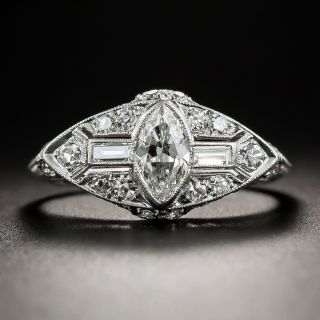 Art Deco Platinum Diamond Ring with Marquise Center - 1