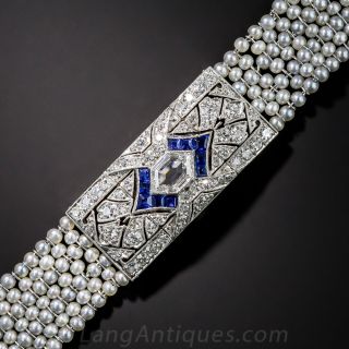 Art Deco Platinum, Diamond, Sapphire and Seed Pearl Bracelet