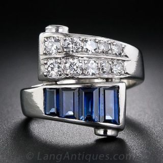 Art Deco Platinum Diamond Sapphire Bypass Ring