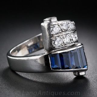 Art Deco Platinum Diamond Sapphire Bypass Ring