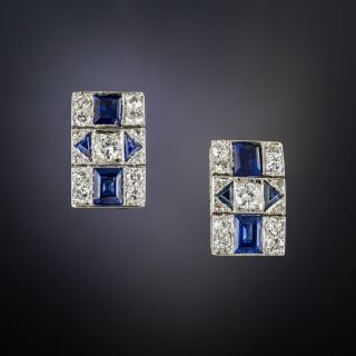 Art Deco Platinum Diamond Sapphire Earrings - 1