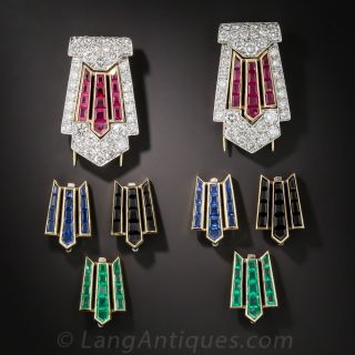 Art Deco Platinum, Diamond, Sapphire, Ruby, Emerald and Onyx Clips - 2
