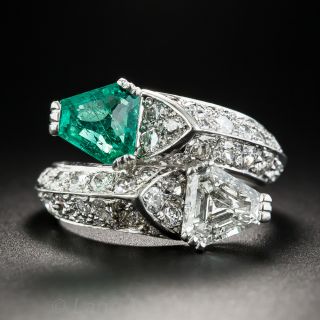 Art Deco Platinum Emerald and Diamond Bypass Ring