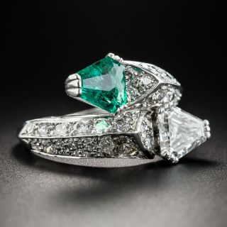 Art Deco Platinum Emerald and Diamond Bypass Ring