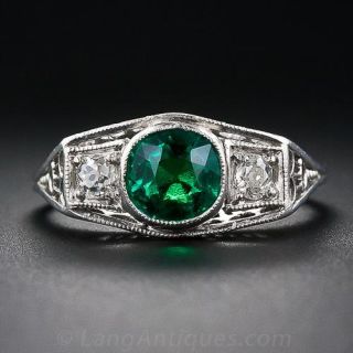 Art Deco Platinum Emerald and Diamond Ring