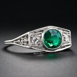 Art Deco Platinum Emerald and Diamond Ring