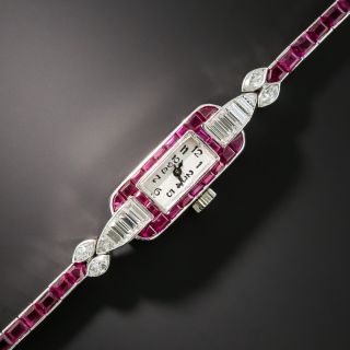 Art Deco Platinum Ruby and Diamond Bracelet Watch by Piaget  - 2