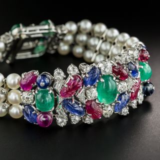 Art Deco Platinum Ruby Emerald Sapphire Tutti Fruiti Style Diamond and Pearl Bracelet - 2