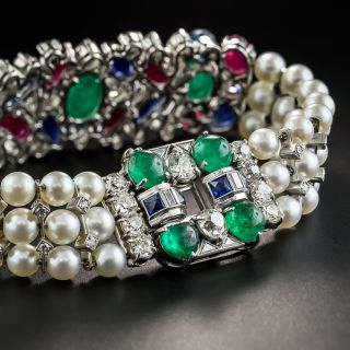 Art Deco Platinum Ruby Emerald Sapphire Tutti Fruiti Style Diamond and Pearl Bracelet