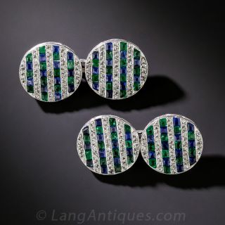 Art Deco Platinum, Sapphire, Emerald and Diamond Cufflinks