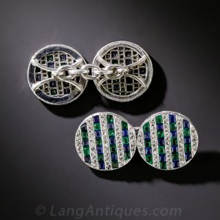 Art Deco Platinum, Sapphire, Emerald and Diamond Cufflinks