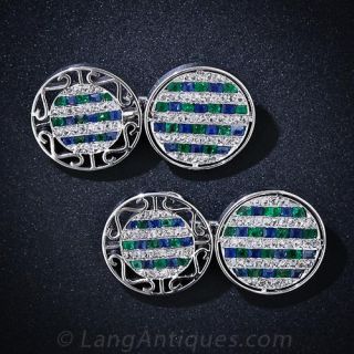 Art Deco Platinum, Sapphire, Emerald & Diamond Cufflinks
