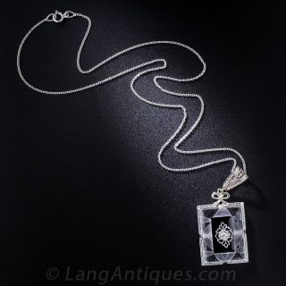 Art Deco Quartz Crystal, Onyx and Diamond Pendant