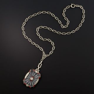 Art Deco Red and Black Enamel Quartz Crystal Necklace