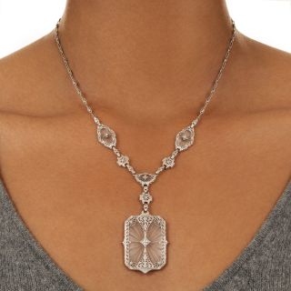 Art Deco Rock Crystal and Diamond Filigree Necklace