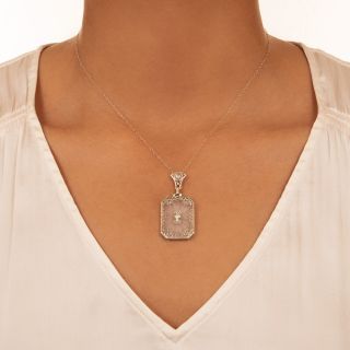 Art Deco Rock Crystal and Diamond Filigree Pendant