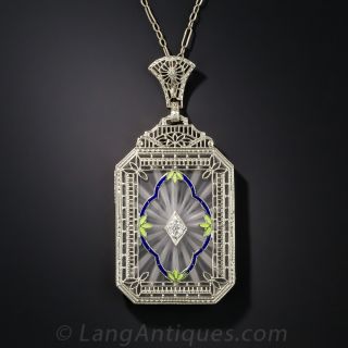 Art Deco Rock Crystal and Diamond  Polychrome Enamel Pendant