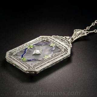 Art Deco Rock Crystal and Diamond  Polychrome Enamel Pendant