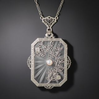 Art Deco Rock Crystal, Diamond and Seed Pearl Filigree Necklace - 2