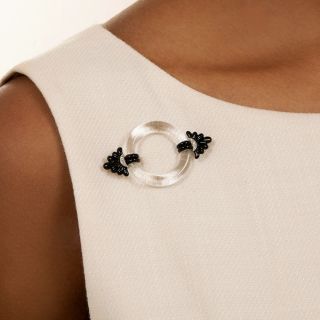 Art Deco Rock Crystal, Onyx and Diamond Circle Pin